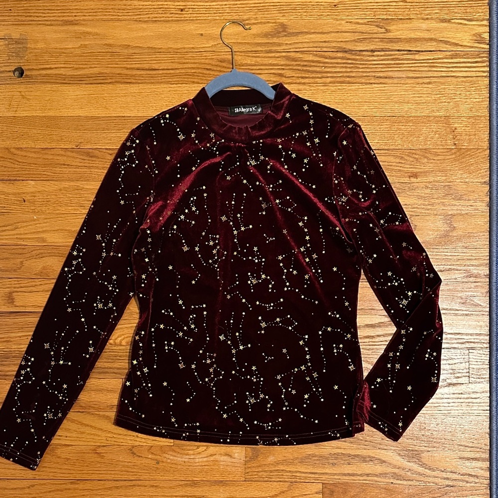 Allegra K Burgundy Velvet Starry Long Sleeve Top